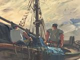a painting of two men on a boat in the water