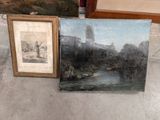 two framed paintings of a river and a painting of a man in a boat