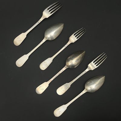 un ensemble de six fourchettes et cuillères en métal argenté posées sur un fond noir