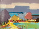 une peinture représentant une peinture représentant un paysage avec des arbres