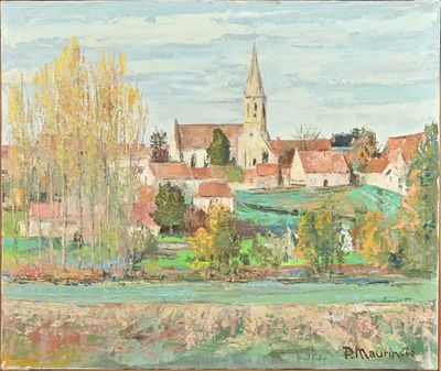 an oil painting of a village with a church in the background