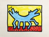 painting of a blue dog on a yellow background with polka dots