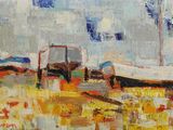 un tableau représentant des bateaux au bord de l'eau
