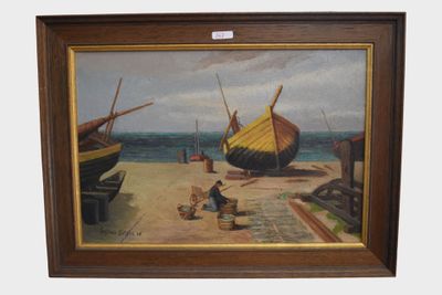 a painting of a man sitting on a bench next to a boat