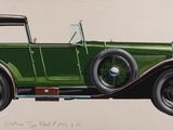peinture représentant une voiture verte avec un capot noir et un toit marron