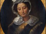 a painting of a woman reading a book in a gold frame