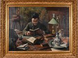 painting of a man sitting at a table reading a book