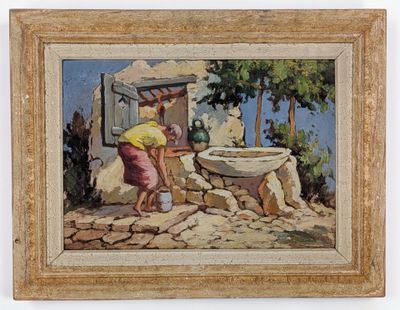 a painting of a woman washing her hands in a sink
