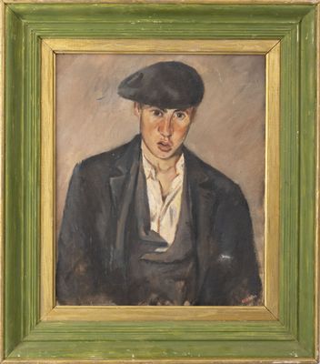 tableau représentant un homme portant un chapeau et une veste, dans un cadre vert