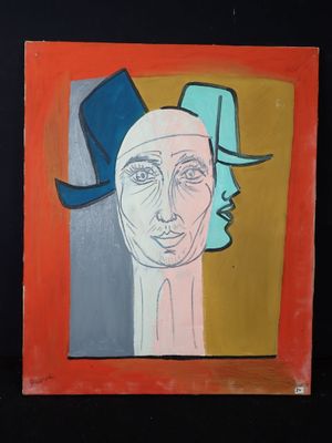 une image représentant un tableau où l'on voit un homme coiffé d'un chapeau et un visage de femme