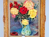 a painting of flowers in a blue vase on a table