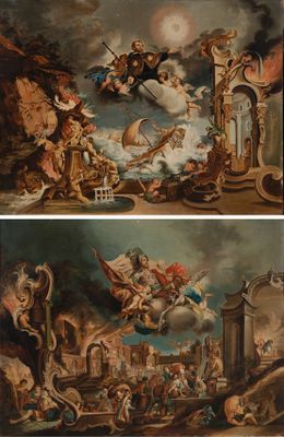 two pictures of a painting of a man on a horse and a woman on a horse