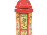 a red fire hydrant with a lot of stickers on it