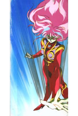 a painting of a woman in a red suit with pink hair
