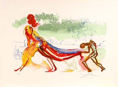 un tableau représentant un homme et une femme promenant un chien