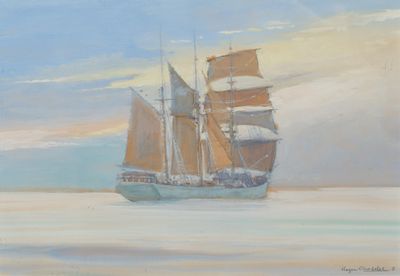 tableau représentant un voilier en pleine mer, avec le ciel en arrière-plan