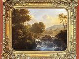 une peinture à l'huile représentant une rivière avec une cascade au milieu