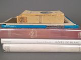 plusieurs livres sont empilés sur une table