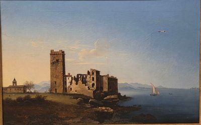 un tableau représentant un château au bord de l'eau, avec un voilier en arrière-plan