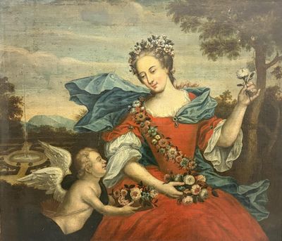 tableau représentant une femme en robe rouge tenant un oiseau et un enfant