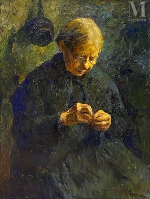 an oil painting of a woman sitting on a bench with a dog
