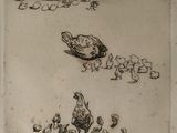 a drawing of a group of chickens in a field