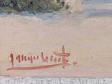 a painting of a man and a dog on the beach