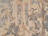 a tapestry with a picture of a garden and trees on it