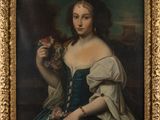 painting of a woman in a blue dress holding a flower