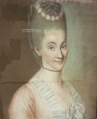 painting of a woman in a pink dress with a feather on her head