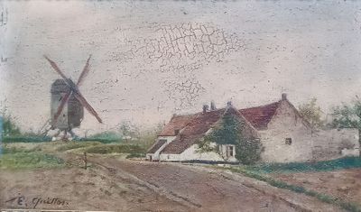 painting of two windmills on a hill with a dirt road in front of them