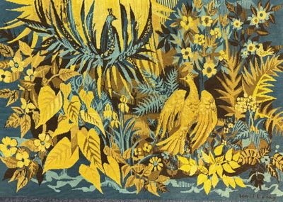 un tapis bleu et jaune orné d'oiseaux et de fleurs