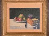 painting of a plate of fruit and bread on a table with a glass of wine