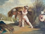 an oil painting of a group of children with a basket of hay