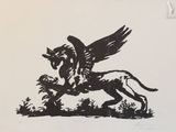 un dessin en noir et blanc représentant un cheval ailé