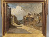 une peinture à l'huile d'une scène de rue avec une voiture à cheval