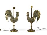 paire de lampes anciennes en laiton représentant des coqs