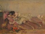 tableau représentant une femme allongée sur un canapé, la tête posée sur un oreiller