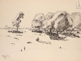 dessin représentant un paysage avec des arbres et des personnes dans l'eau