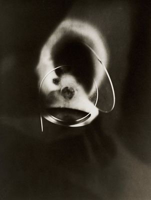 black and white photograph of a dog with a glass in its mouth