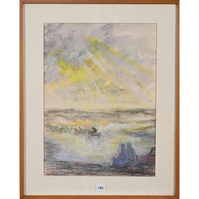 un tableau représentant deux personnes assises sur une plage sous un ciel nuageux