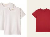 Deux t-shirts, un blanc et un rouge, sont placés l'un à côté de l'autre