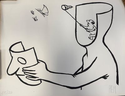 drawing of a man in a hood holding a can of soda