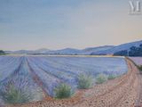 painting of a lavender field with a dirt road in the foreground and mountains in the background