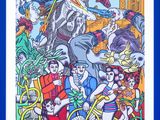 a painting of a group of people on a street with a horse