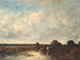 painting of cows in a field by a river with a sky background