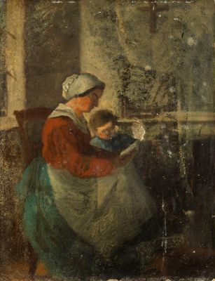 une image représentant un tableau où l'on voit une femme et un enfant en train de lire un livre
