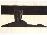 an image of a black and white drawing of a cross on a hill
