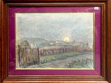 painting of a landscape with a fence and a house in the distance