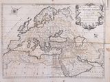 an old map of europe and the middle east with a compass on it